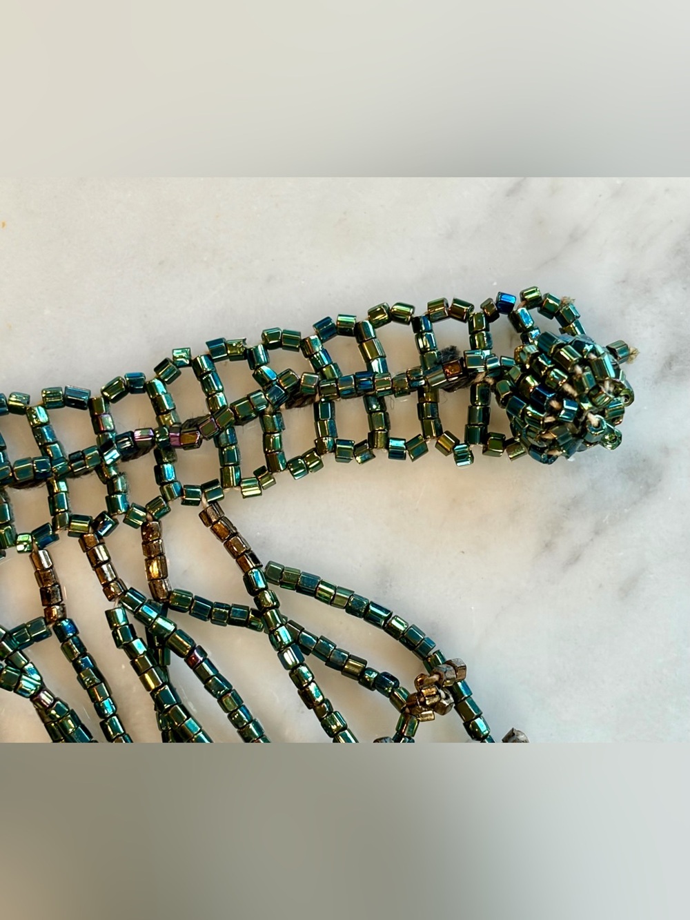 Handcrafted Iridescent Beaded Fringe Collar Necklace, green/gold, EUC - Picture 11 of 12